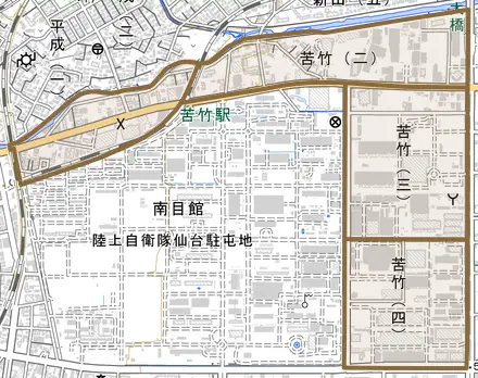 苦竹とその周辺の地図。町の範囲を重ねている