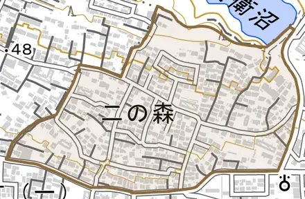 二の森とその周辺の地図。町の範囲を重ねている