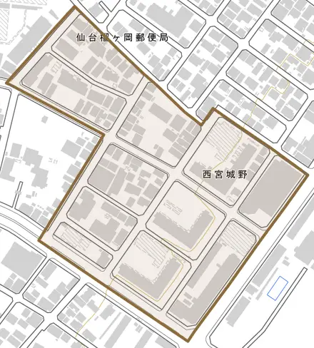 西宮城野とその周辺の地図。町の範囲を重ねている