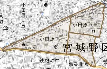小田原とその周辺の地図。町の範囲を重ねている