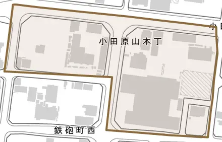 小田原山本丁とその周辺の地図。町の範囲を重ねている