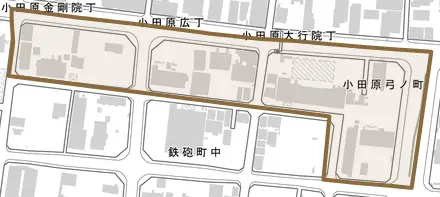 小田原弓ノ町とその周辺の地図。町の範囲を重ねている