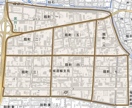 扇町とその周辺の地図。町の範囲を重ねている