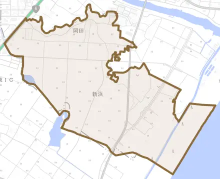 岡田とその周辺の地図。町の範囲を重ねている
