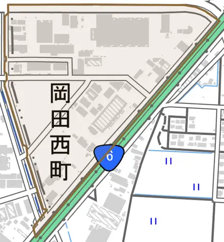 岡田西町とその周辺の地図。町の範囲を重ねている