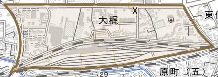 大梶とその周辺の地図。町の範囲を重ねている