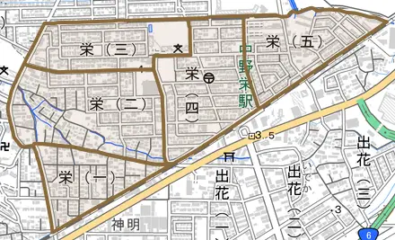 栄とその周辺の地図。町の範囲を重ねている