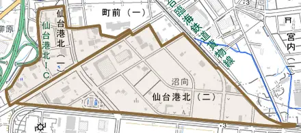 仙台港北とその周辺の地図。町の範囲を重ねている