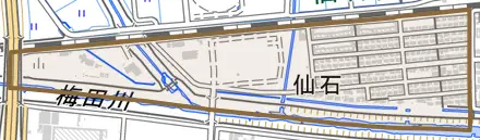 仙石とその周辺の地図。町の範囲を重ねている