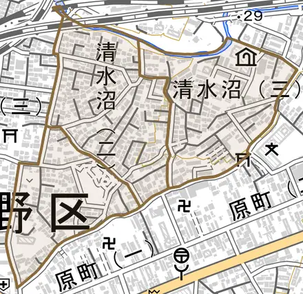清水沼とその周辺の地図。町の範囲を重ねている