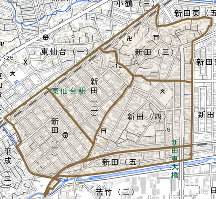 新田とその周辺の地図。町の範囲を重ねている