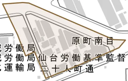 原町南目とその周辺の地図。町の範囲を重ねている