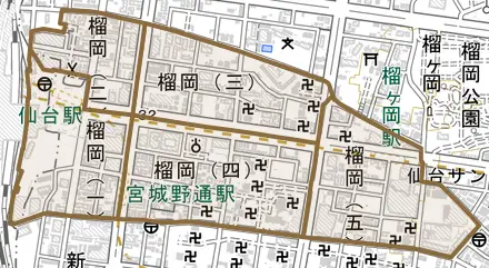 榴岡とその周辺の地図。町の範囲を重ねている