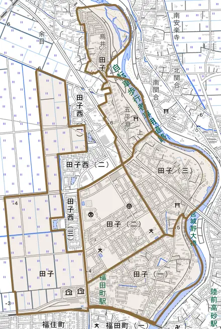 田子とその周辺の地図。町の範囲を重ねている