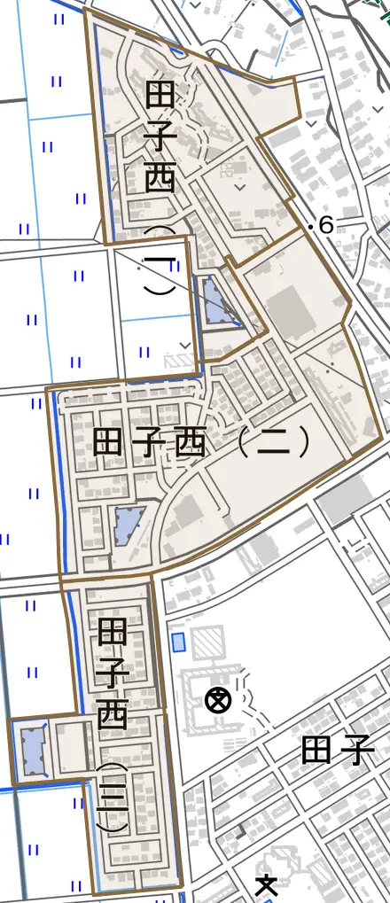 田子西とその周辺の地図。町の範囲を重ねている