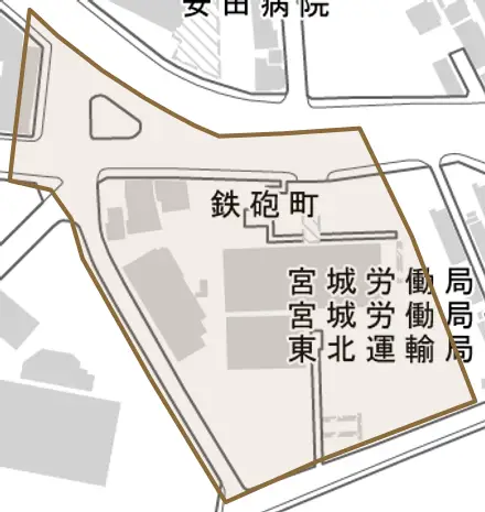 鉄砲町とその周辺の地図。町の範囲を重ねている