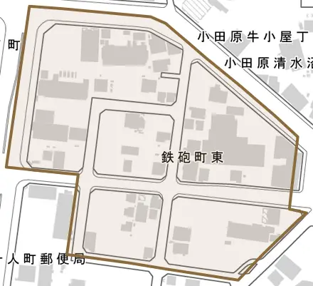鉄砲町東とその周辺の地図。町の範囲を重ねている