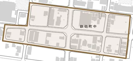 鉄砲町中とその周辺の地図。町の範囲を重ねている