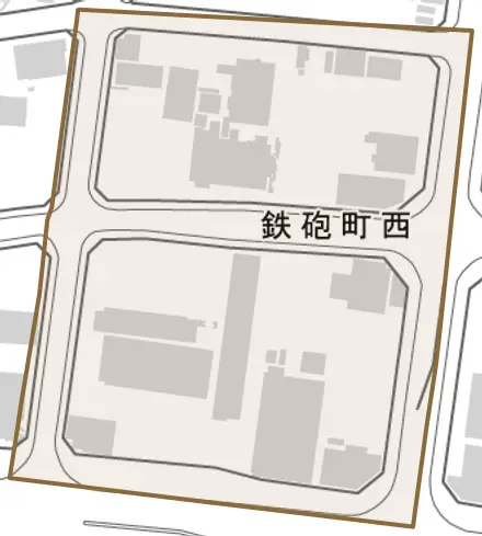 鉄砲町西とその周辺の地図。町の範囲を重ねている