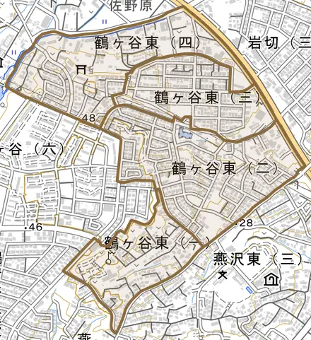 鶴ケ谷東とその周辺の地図。町の範囲を重ねている