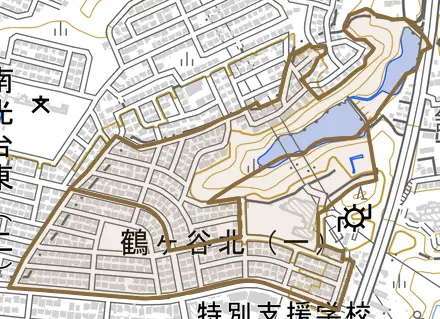 鶴ケ谷北とその周辺の地図。町の範囲を重ねている