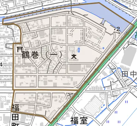 鶴巻とその周辺の地図。町の範囲を重ねている