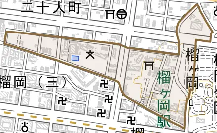 榴ケ岡とその周辺の地図。町の範囲を重ねている