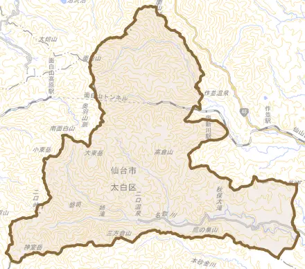 秋保町馬場とその周辺の地図。町の範囲を重ねている