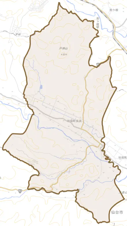 秋保町長袋とその周辺の地図。町の範囲を重ねている