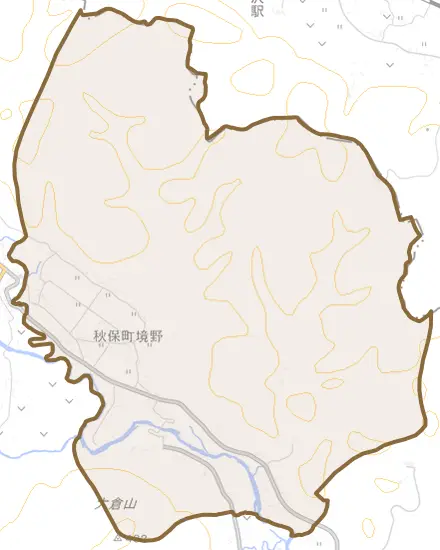 秋保町境野とその周辺の地図。町の範囲を重ねている