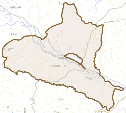 秋保町湯元とその周辺の地図。町の範囲を重ねている