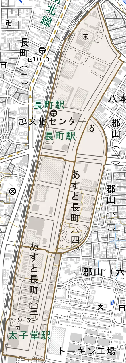 あすと長町とその周辺の地図。町の範囲を重ねている