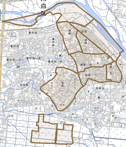 袋原とその周辺の地図。町の範囲を重ねている
