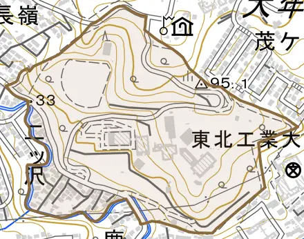 二ツ沢とその周辺の地図。町の範囲を重ねている