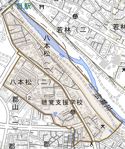 八本松とその周辺の地図。町の範囲を重ねている