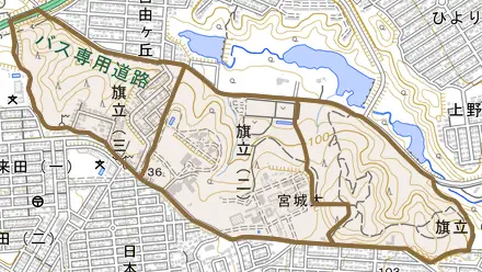 旗立とその周辺の地図。町の範囲を重ねている