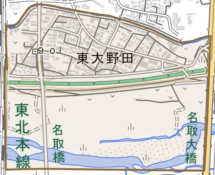 東大野田とその周辺の地図。町の範囲を重ねている