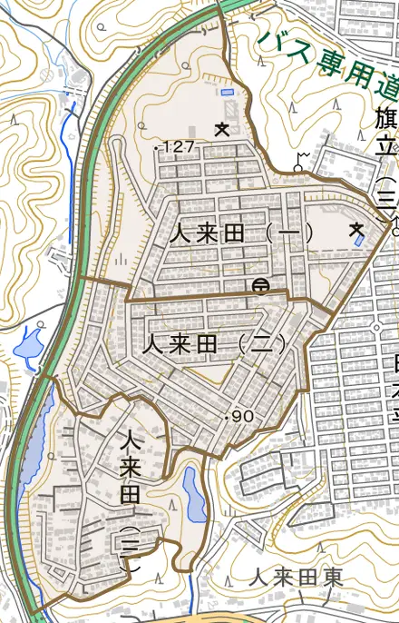 人来田とその周辺の地図。町の範囲を重ねている