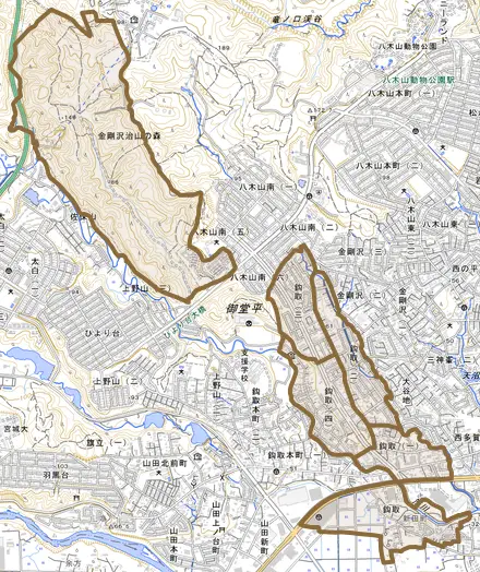 鈎取とその周辺の地図。町の範囲を重ねている