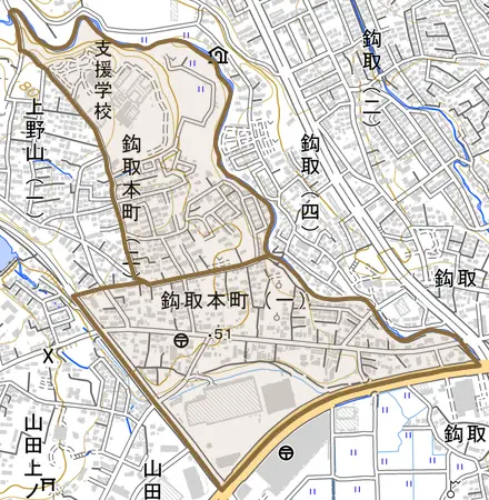 鈎取本町とその周辺の地図。町の範囲を重ねている