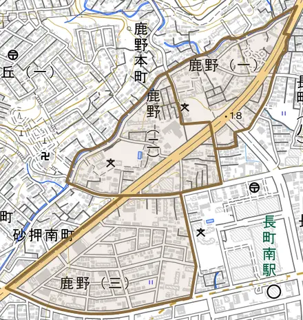 鹿野とその周辺の地図。町の範囲を重ねている