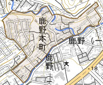 鹿野本町とその周辺の地図。町の範囲を重ねている