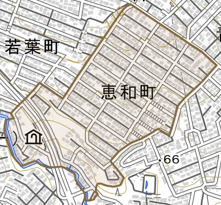恵和町とその周辺の地図。町の範囲を重ねている