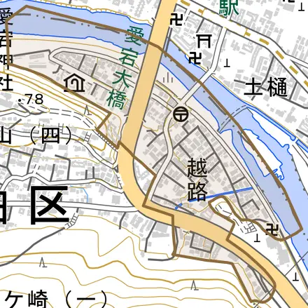 越路とその周辺の地図。町の範囲を重ねている
