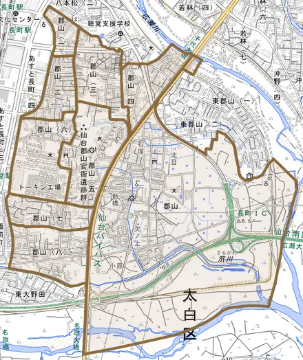 郡山とその周辺の地図。町の範囲を重ねている