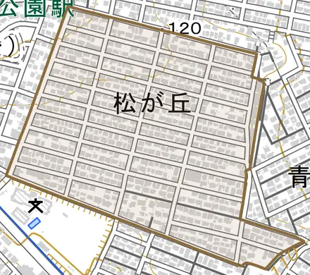松が丘とその周辺の地図。町の範囲を重ねている