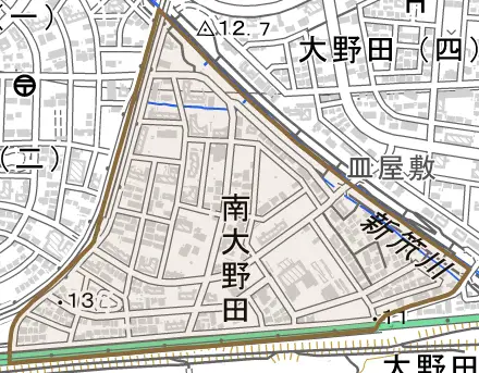 南大野田とその周辺の地図。町の範囲を重ねている