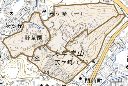 茂ケ崎とその周辺の地図。町の範囲を重ねている