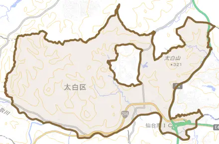 茂庭とその周辺の地図。町の範囲を重ねている