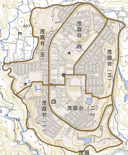 茂庭台とその周辺の地図。町の範囲を重ねている